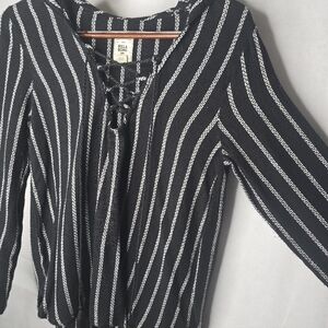 Billabong Hooded Tunic Top Black White Stripe Lace-up V-neck Beachy Surfwear M